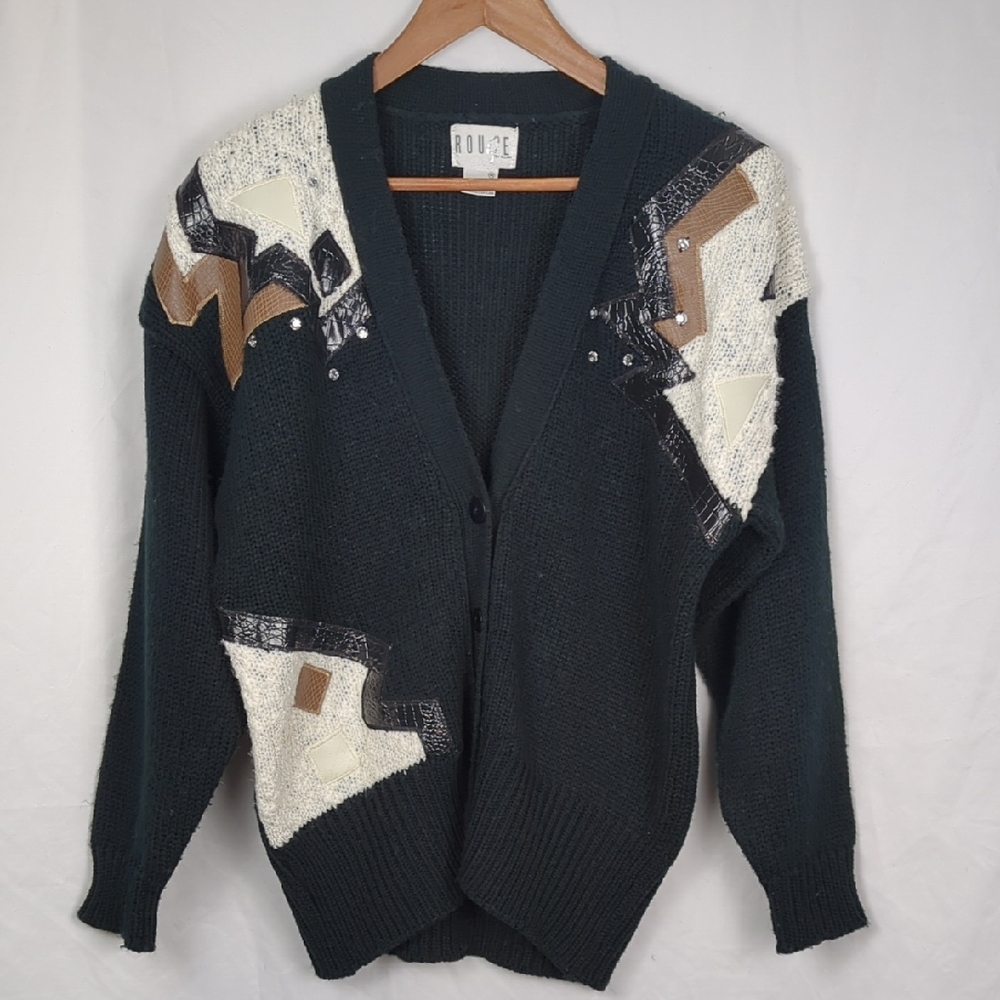 ROUGE Women's 80s Inspiried Black Cardigan Sweater Leather Accents